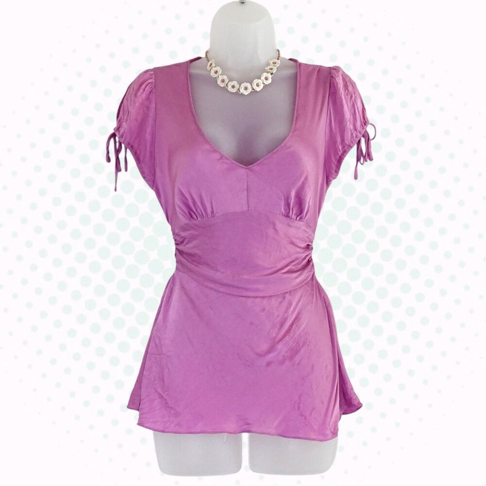 Vintage Y2K Express Orchid Pink 100% Silk Short Sleeve Milkmaid Top Size M